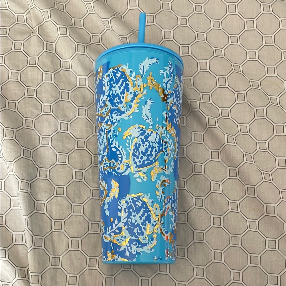 Lilly Pulitzer Blue and Gold Patterned Tumbler with Straw